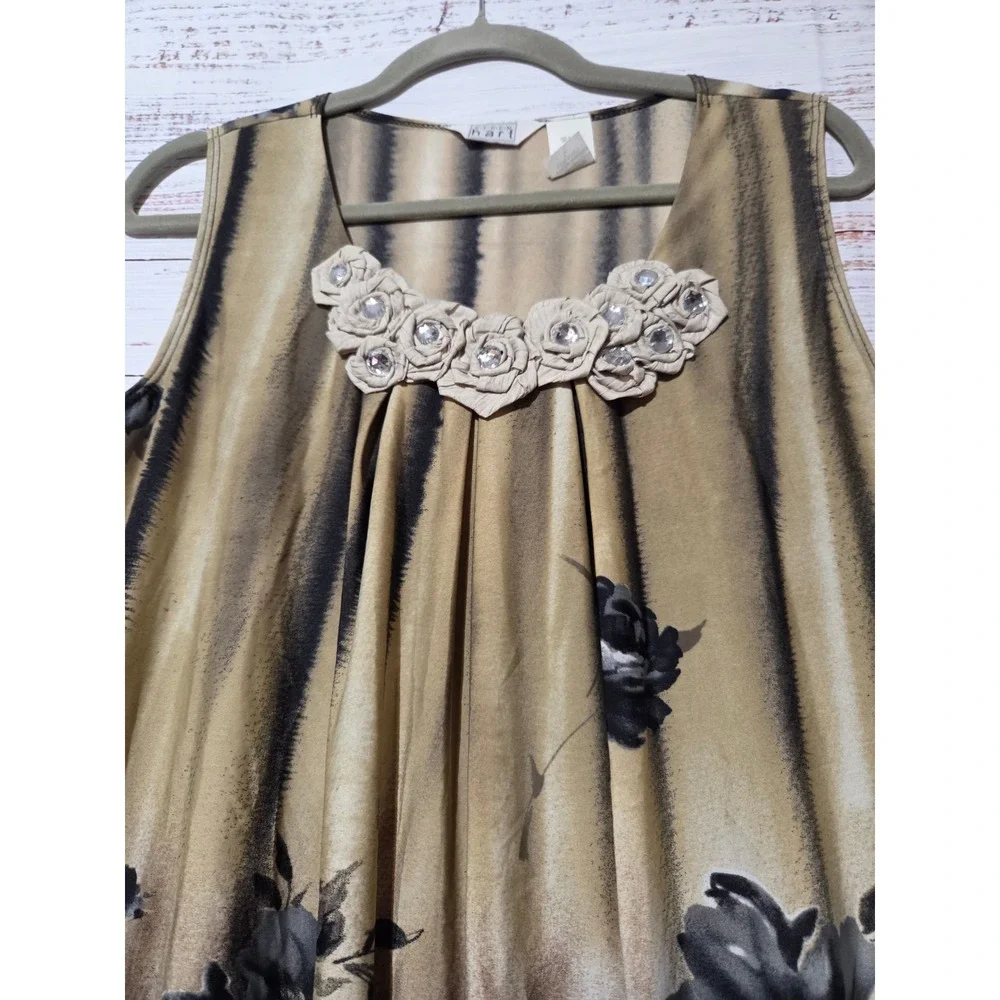 Keren Hart Floral Rhinestone Bubble Hem Sleeveless Tunic Top Brown L Whimsigoth